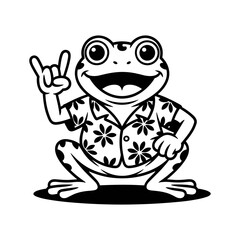 Rock and Roll Frog: A cheerful frog, rocking a floral shirt and giving a hand gesture, embodying carefree fun and spirited energy in a sleek and stylish design.