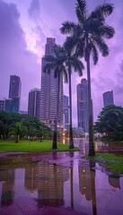 Dusk in a rain drenched city park  a serene urban landscape bathed in soft reflections