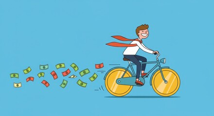 Happy Businessman Cycling to Success: A Whimsical Illustration of Financial Growth and Achievement