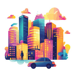 Cityscape with Modern Buildings, Car, and Man in Urban Environment Illustration