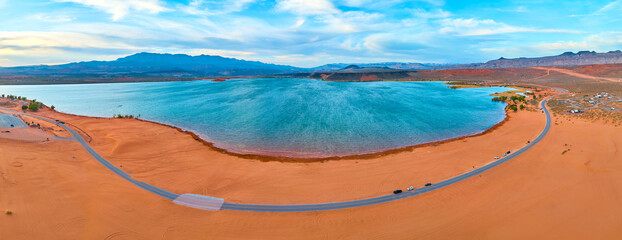 Aerial Fly Over Turquoise Reservoir Red Desert Shoreline Sand Hollow State Park © Nicholas J. Klein