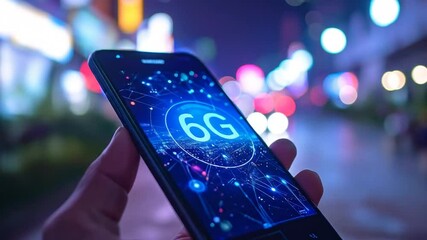 Innovative 6G Technology Displayed on a Smartphone in a Vibrant Urban Setting at Night - Powered by Adobe