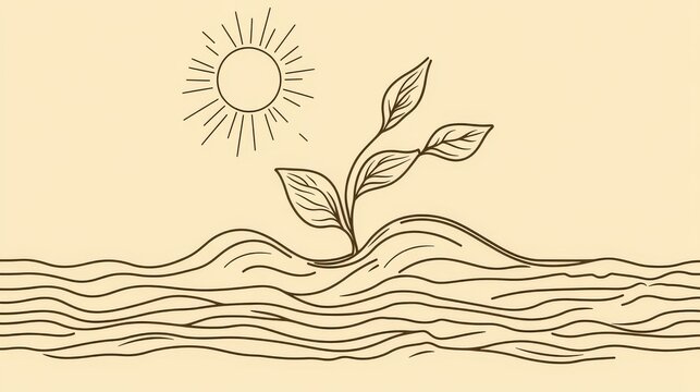 The background image depicts a minimalist plant sprouting amidst a wavy landscape, an example of abstract art