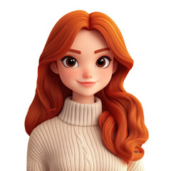 Charming Redhead Cartoon Girl Portrait: A Digital Art Piece with Wavy Hair, Freckles, and a Cozy Sweater, Radiating Youthful Style and Beauty