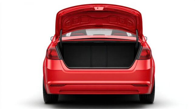 Ultra quality image of clean, open empty trunk in the red car on white background.