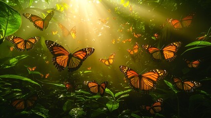 Monarch butterflies in sunlit rainforest.
