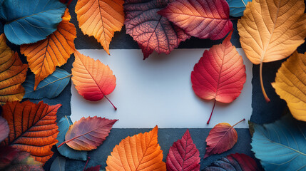 background of autumn leaves with white paper