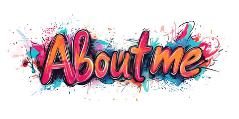 Colorful About Me Graffiti Text with Splatter Paint on Transparent Background for Creative Design and Personal Branding