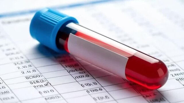 Blood sample in test tube on medical chart. Close-up view of red liquid in a vial resting on a clinical report.  Video depicts healthcare, medicine, analysis, and diagnostics.