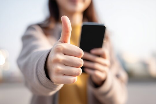 A person giving a thumbs up while holding a smartphone, expressing positivity and enjoyment.