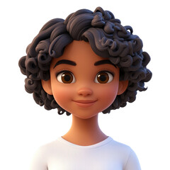 Charming Cartoon Girl Portrait: A Cheerful Animated Character with Curly Hair and a Radiant Smile, Perfect for Digital Art and Inspiring Designs