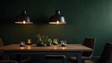 Dining room setup with two hanging lights, candles, plants and chairs against a green wall backdrop