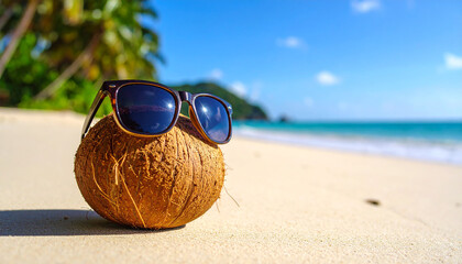 Coconut with sunglasses on tropical sandy beach. Summer vacation, tourism and travel.