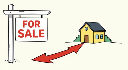 House For Sale: Simple Illustration of a Yellow House with a For Sale Sign