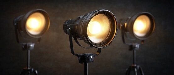 The studio features a professional lighting setup with lights on tripods