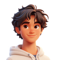 Animated Boy Portrait: A Cheerful Cartoon Character with a Friendly Smile, Trendy Hoodie, and Youthful Charm in a Modern Digital Rendering