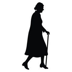 Silhouette Of Elderly Woman Walking Outdoor Scene Silhouette Vector Art Illustration