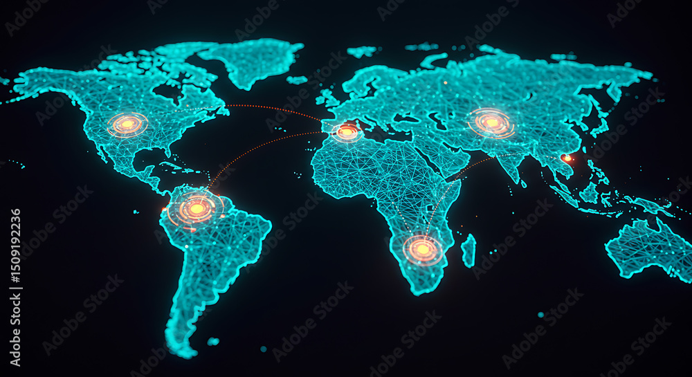 Poster global connectivity digital network abstract world map technology background 3d render