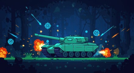 Night Battle Tank Action:  Military Vehicle in Forest