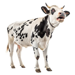 Fototapeta premium Dairy Cow's Vocalization: A close-up portrait of a Holstein dairy cow, showing off its distinctive black and white coat and open mouth, it showcases the cow's unique sound. 