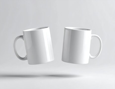 Two blank white mugs levitate against a light grey background