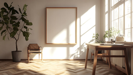 Modern room interior featuring empty frame sunlight and decorative elements with blank space