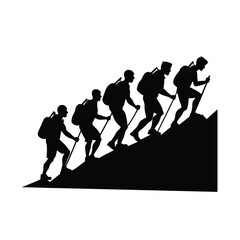 Team Of Hikers Climbing Hill Nature Trekking Silhouette Vector Art Illustration