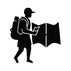 Traveler Looking At Map Adventurer Pose Silhouette Vector Art Illustration