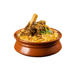 Authentic Mutton Dum Biryani in a Earthen Pot Beautifully Presented on a Transparent PNG background 