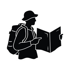 Traveler Looking At Map Exploring Outdoors Silhouette Vector Art Illustration