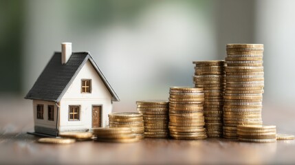 Ultra quality image of financial growth concept, real estate tax. Miniature house and a stack of coins. Financial growth concept, real estate tax, buying and selling houses.