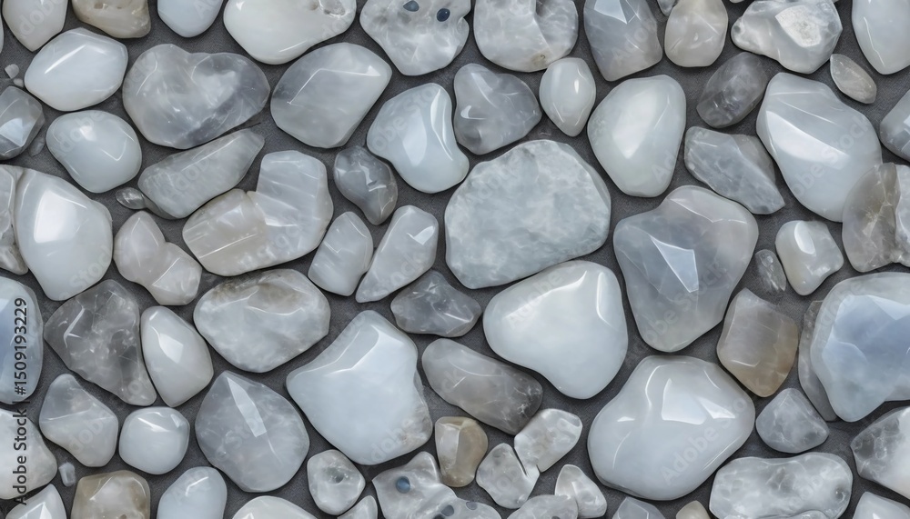 Poster the varying shapes and sizes of polished moonstones create a mesmerizing texture, reflecting light w