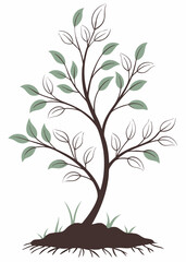 Simple Tree Illustration with Green Leaves and Roots on White Background