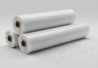 Three rolls of white bubble wrap on a light gray background