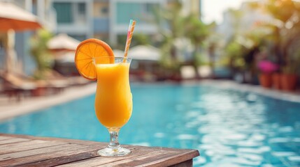 Ultra quality image of orange juice with orange slice in cocktail glass on wooden table at outdoor swimming pool, summer tropical holiday concept.