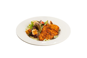 Chicken Caesar salad in a white plate on a Transparent PNG background 