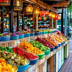 Obraz premium Variety of fruits and vegetables are on display at farmers'market.