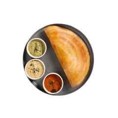 Plate of masala Dosa with three types of chutneys top view on a Transparent PNG background 