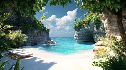 Tropical paradise beach scene with rocks and lush vegetation.