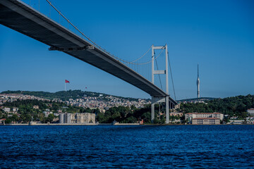 View of the Bosphorus Bridge with Çamlıca Tower and Waterfront Architecture on a Clear Day in Istanbul, Türkiye