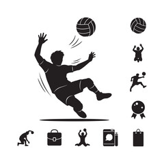 Silhouette of a volleyball player spiking a ball and accompanying sport icons on white background