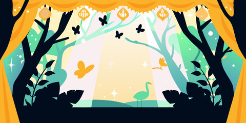 Whimsical Stage Backdrop with Forest Butterflies and Lanterns for Children s Theater © Akimul
