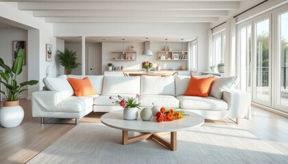 Bright modern living room with a white sofa, orange accent pillows, round coffee table, and large windows, creating a fresh and inviting interior filled with natural light.