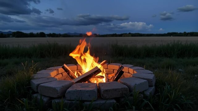 Rural Bonfire: Stone Ring, Golden Flames, Dusk Sky over Field.