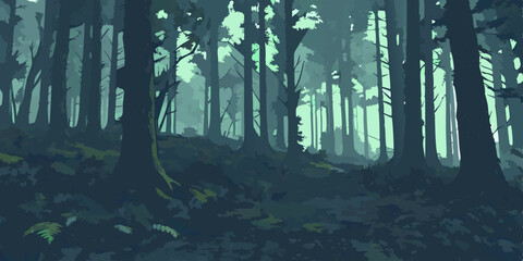 Mystical Forest Illustration with Fog and Tall Trees in a Dark Ambiance © Akimul