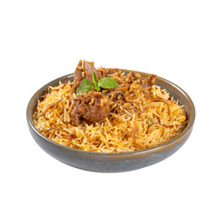 Authentic Mutton Biryani in Ceramic Bowl Beautifully Presented on a Transparent PNG background 