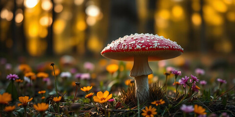 Red spotted fly agaric mushroom stands in meadow. Sunlight, floral scenery, grass, colorful flowers. Autumn season in forest. Botanical garden landscape macro photo