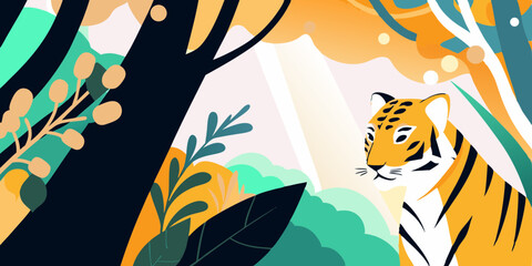 Naklejka premium Stylized Tiger in Abstract Jungle Illustration with Trees and Foliage