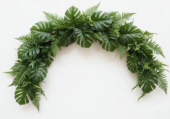 Arrangement of monstera leaves and ferns forming an arch on a plain backdrop