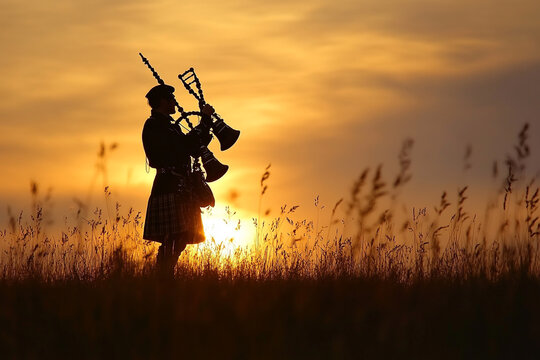 A Scottish bagpiper playing music silhouette